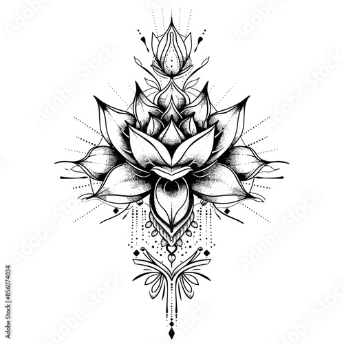 A black and white drawing of a flower with a lot of detail. The flower is surrounded by a lot of other flowers and leaves. The drawing has a very intricate and detailed look to it