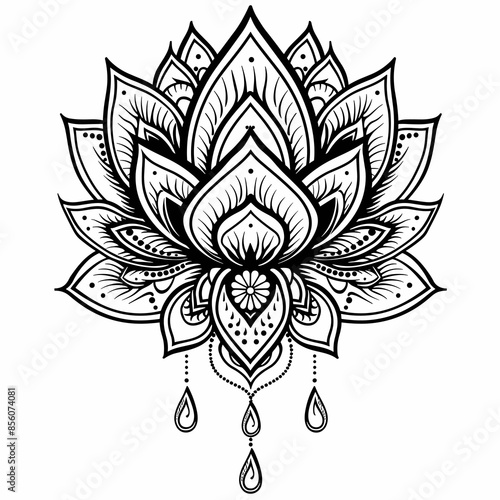 beautiful lotus flower on a white background black and white vector illustration in tattoo style