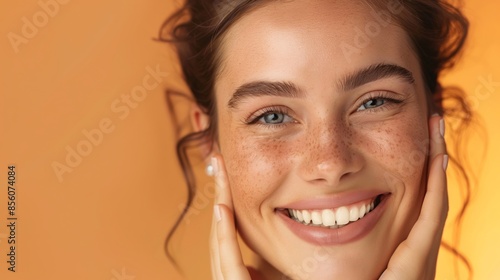 A beaming woman with freckles gestures to her face against an orange-tinged background, exuding warmth