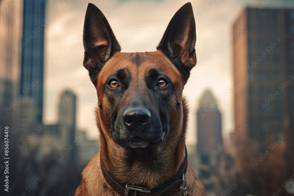 Obraz premium Portrait of a funny belgian malinois dog in front of modern cityscape background