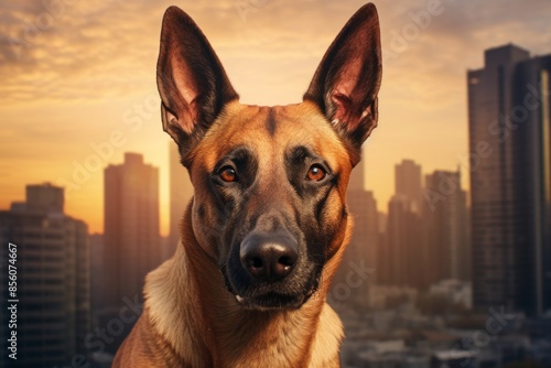 Portrait of a funny belgian malinois dog over modern cityscape background