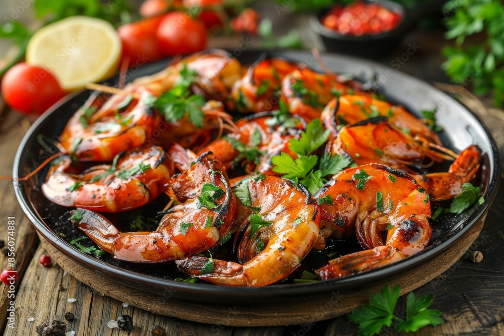 Grilled Shrimp on a Plate with Herbs Grilled Shrimp on a Plate with Herbs