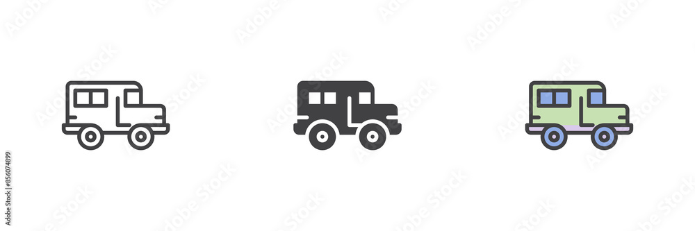 School bus different style icon set School bus different style icon set