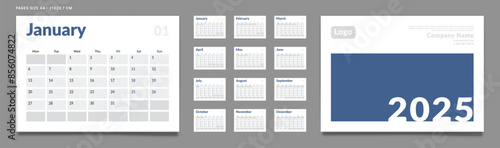 Set of 2025 Calendar Planner Template Pages Monthly, Cover with Place for Photo and Company Logo. Vector layout of a wall or desk calendar with week start Monday for printing. Page size A4-21x29.7cm