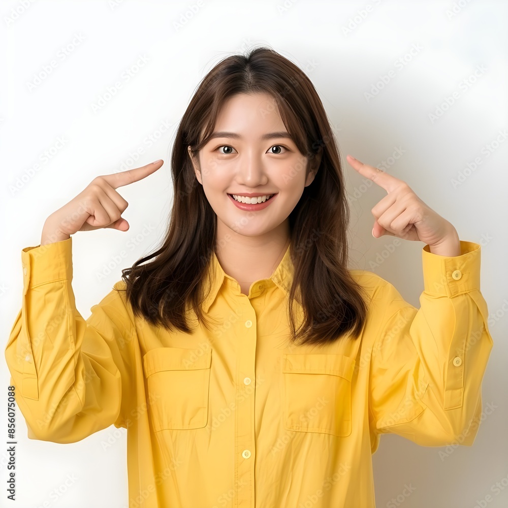 Beautiful asian Korean cheerful woman showing peace signs wearing the yellow color shirt Beautiful asian Korean cheerful woman showing peace signs wearing the yellow color shirt