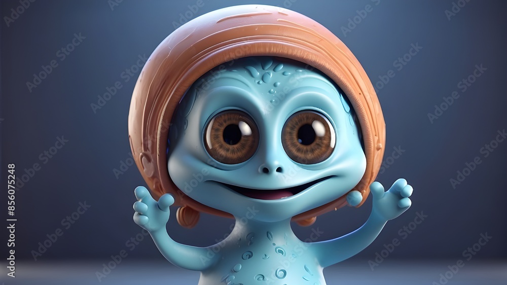 a pleasant extraterrestrial cartoon creature in three dimensions waving at the camera. 3D rendering technique