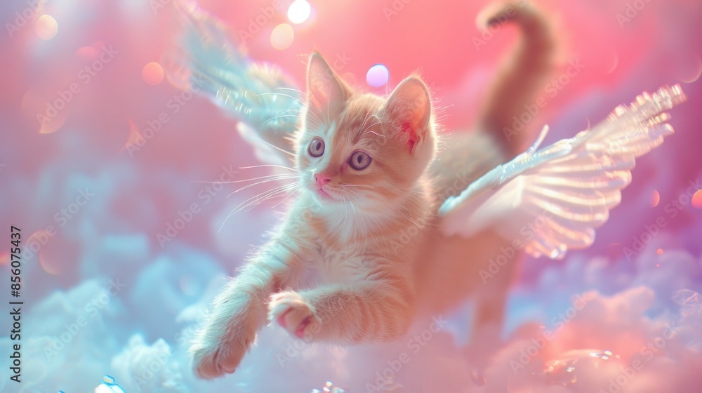 Cute Kitten with Wings Flying in a Soft, Magical World. generative AI image Cute Kitten with Wings Flying in a Soft, Magical World. generative AI image