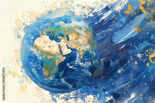 Fototapeta Naklejka Na Ścianę i Meble -  A painting of the earth with a splash of blue paint. The painting is abstract and has a sense of movement