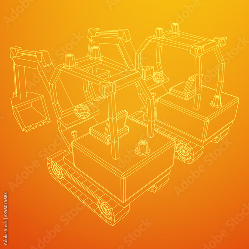 Heavy equipment excavator machine manufacturing power equipment for open pit mining. Wireframe low poly mesh vector illustration