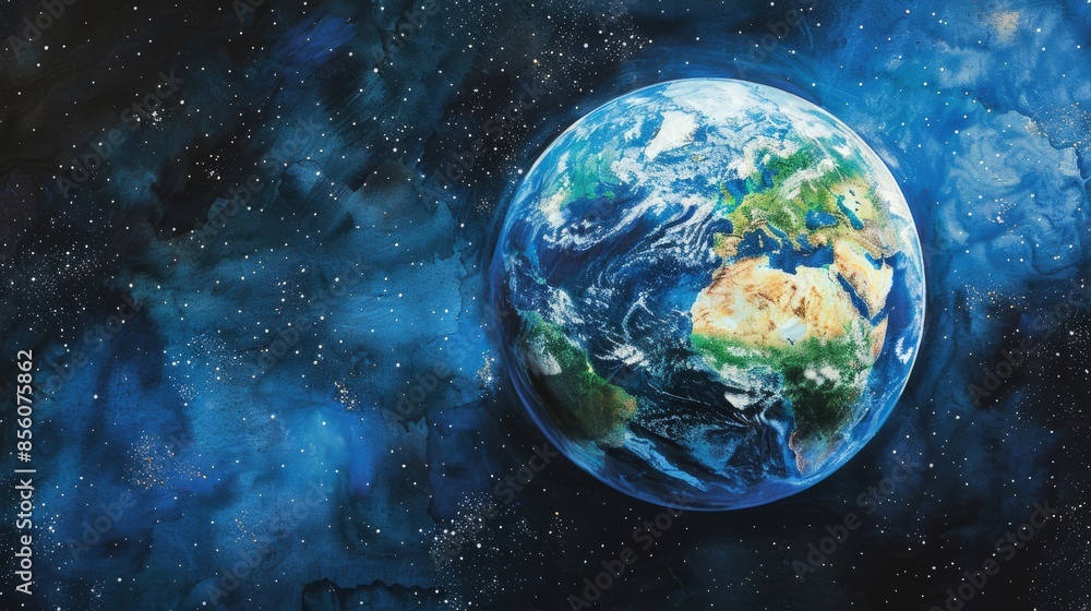 Obraz premium A painting of the Earth with a blue sky and stars in the background. The painting is of a very large planet with a blue and green color scheme