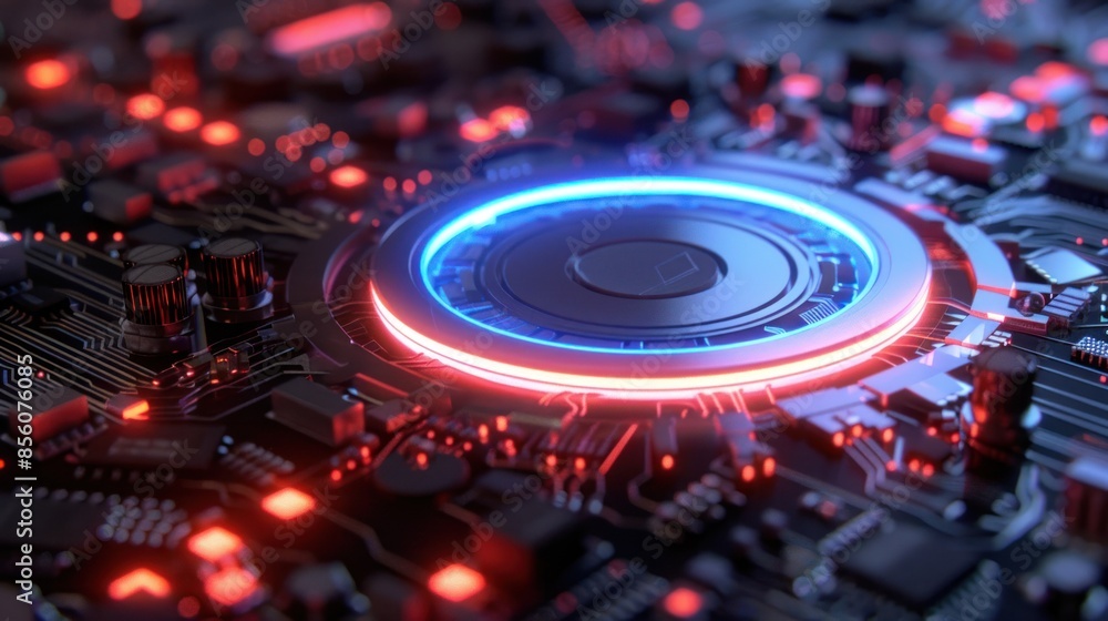 Obraz premium Futuristic computer chip with central glowing lights. generative AI image