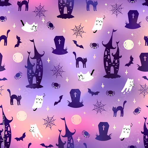 Halloween ghost castle seamless pattern. Vector cartoon ghost, gloomy dark castle, black cat, bat, full moon, tomb and spiderweb on pink gradient background. Cute Halloween print for wrapping, decor.