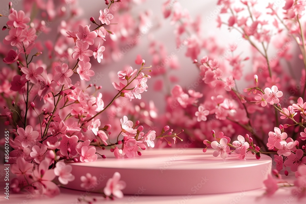 Pink podium with pink spring flower background for beauty product Pink podium with pink spring flower background for beauty product