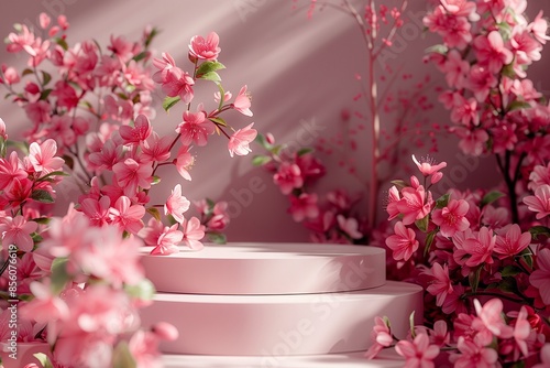 Pink podium with pink spring flower background for beauty product   © kenkuza