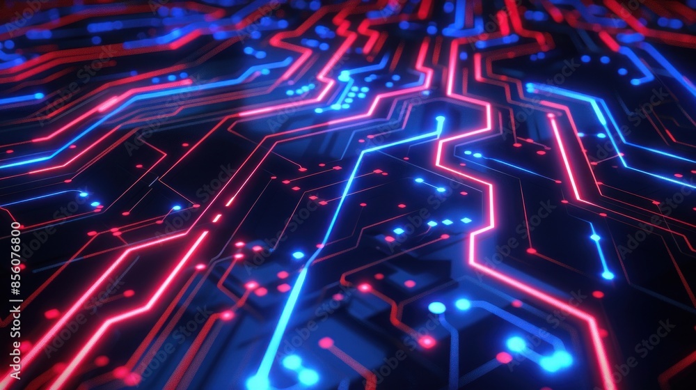 Futuristic circuit lines with red and blue light glowing effects. generative AI image Futuristic circuit lines with red and blue light glowing effects. generative AI image