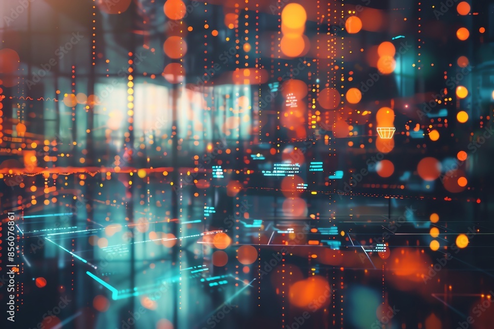 Obraz premium Abstract digital technology background with vibrant light dots and futuristic cityscape. Perfect for tech, innovation, and modern themes.