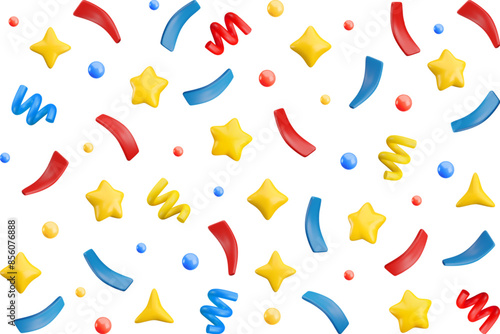 Vector 3d flying party confetti horizontal background. Colorful Realistic 3d poppers with star, bubble, sparkles, serpentine spirals and ribbon on white. Festive cartoon 3d render firecracker element.