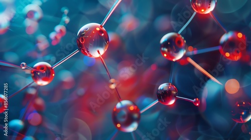 Close-up of abstract molecular structure with red and blue spheres, representing scientific research in chemistry, biology, and nanotechnology.