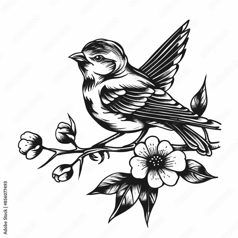 Naklejka premium A bird is perched on a branch with flowers in the background. The bird is small and white, and the flowers are pink. The image has a peaceful and serene mood, with the bird