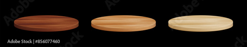 Vector 3d wooden circle podium set. Round empty realistic dark and light wood pedestal on black background. Natural product display presentation scene template element collection