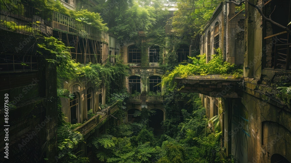 Vivid Scene of Nature Taking Over Abandoned Cityscape. generative AI image Vivid Scene of Nature Taking Over Abandoned Cityscape. generative AI image
