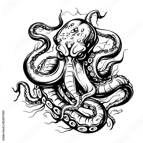 A black and white drawing of an octopus with a menacing look on its face. The octopus is surrounded by a dark background, emphasizing its presence. The drawing conveys a sense of danger and mystery