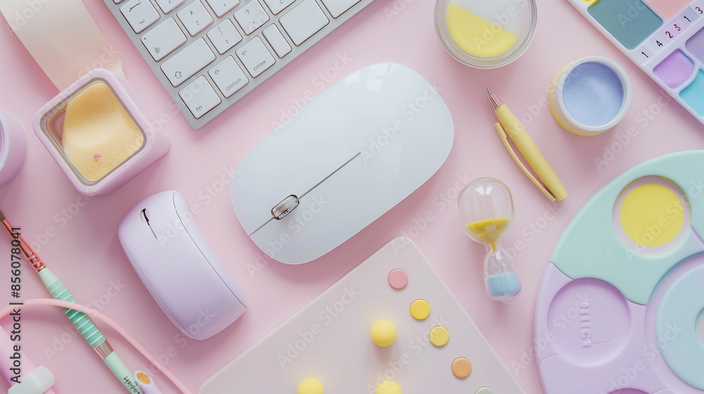 Minimalist Workspace with Pastel Office Supplies on Pink Background Minimalist Workspace with Pastel Office Supplies on Pink Background