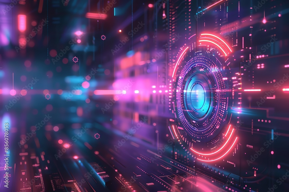 Futuristic digital concept with neon lights and holographic interface. High-tech background for innovation and technology themes. Futuristic digital concept with neon lights and holographic interface. High-tech background for innovation and technology themes.