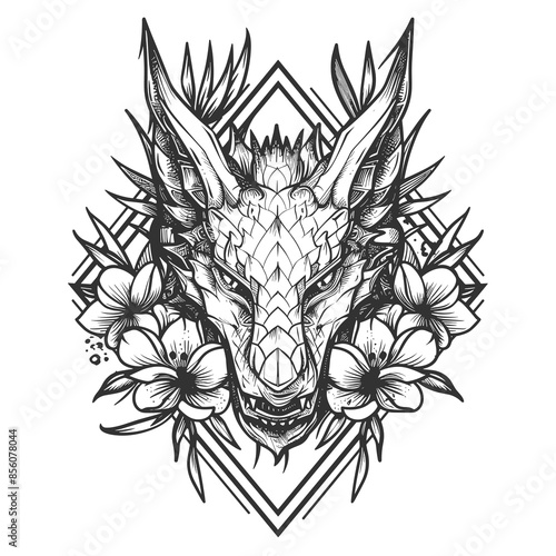 A black and white drawing of a wolf with flowers around its face. The wolf has a menacing look on its face, and the flowers add a touch of beauty to the otherwise dark and foreboding image