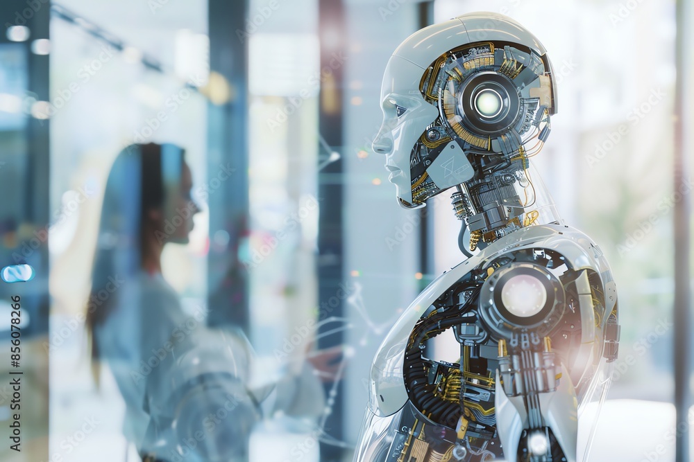Futuristic robot with exposed mechanical parts standing in front of a blurred human figure, illustrating advanced technology and innovation. Futuristic robot with exposed mechanical parts standing in front of a blurred human figure, illustrating advanced technology and innovation.