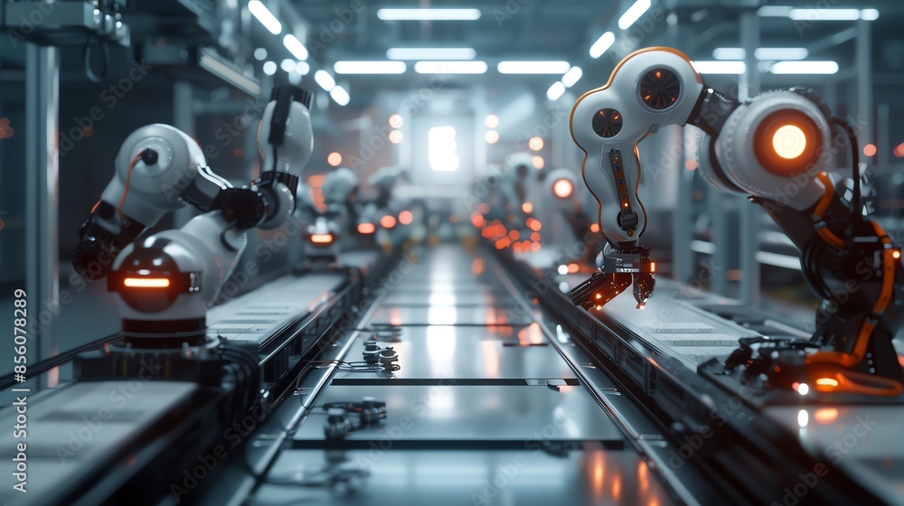 Futuristic robotic arms working on an assembly line in a high-tech ...