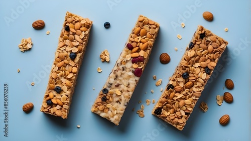 View of a nutritious cereal granola bar and energy protein bar from above in flat lay