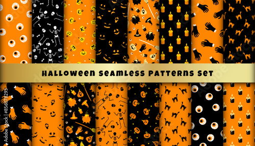 Cute Halloween witch seamless pattern set. Vector Halloween black and orange background with magic cauldron, witch hat, spider, pumpkin, skeleton and zombie hand texture. Kids print collection.
