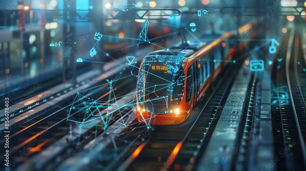Futuristic tram with digital overlay showcasing advanced technology on city railway tracks at dusk. Modern urban transportation concept. Futuristic tram with digital overlay showcasing advanced technology on city railway tracks at dusk. Modern urban transportation concept.