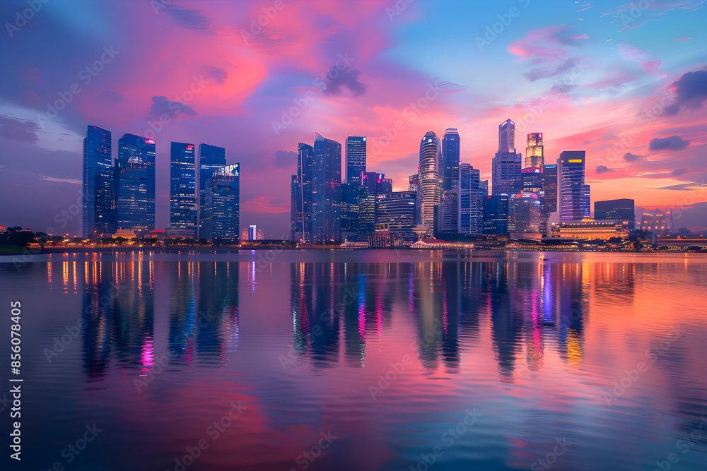 Fototapeta premium Serene Evening Cityscape with Twilight Sky and Illuminated Skyline Reflecting on Calm River