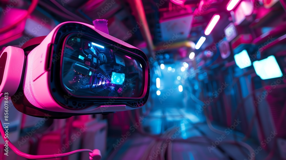 Futuristic virtual reality headset in a neon-lit hallway, representing modern technology and immersive digital experiences. Futuristic virtual reality headset in a neon-lit hallway, representing modern technology and immersive digital experiences.