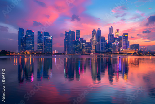 Serene Evening Cityscape with Twilight Sky and Illuminated Skyline Reflecting on Calm River © New Robot