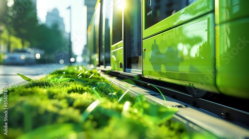 Green tram gliding along a lush grass-covered track in a modern city setting, symbolizing eco-friendly and sustainable urban transportation. photo