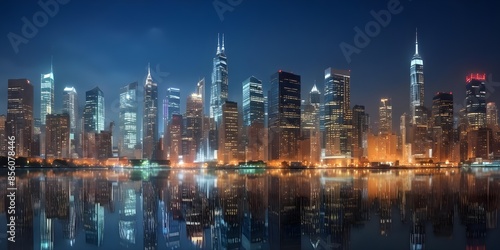 A nighttime cityscape background of a large metropolitan city with tall skyscrapers and buildings reflecting in the water, creating a vibrant and colorful scene © Jane