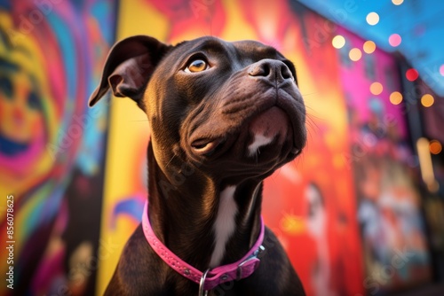 Portrait of a cute staffordshire bull terrier in vibrant market street background