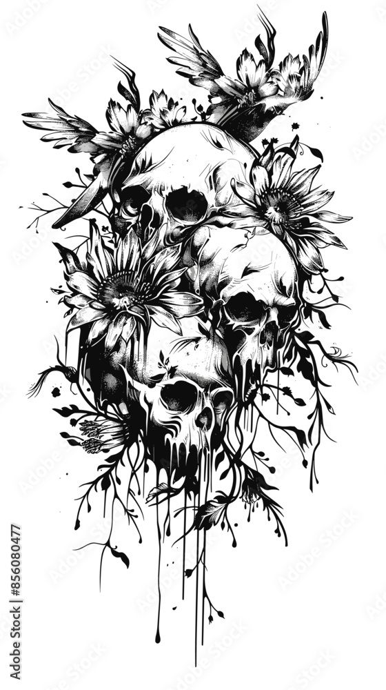 abstract vector illustration of three skulls and flowers on a white background abstract vector illustration of three skulls and flowers on a white background