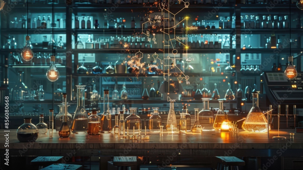 A lab with many glass beakers and bottles on a table A lab with many glass beakers and bottles on a table