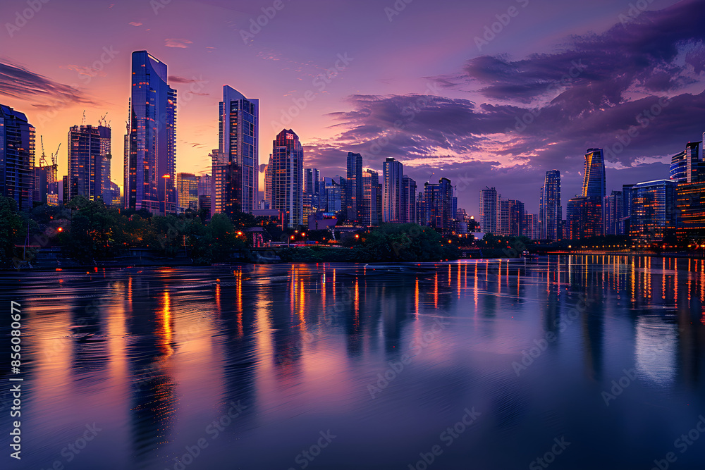 Fototapeta premium Serene Evening Cityscape with Twilight Sky and Illuminated Skyline Reflecting on Calm River