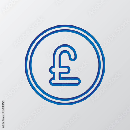 Pound coin simple icon vector. Flat design. Paper cut design. Cutted blue symbol with shadow. Gray background