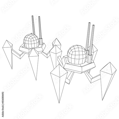 Spider robot with radar antenna. Nanobot, nanotechnology medical concept. Wireframe low poly mesh vector illustration