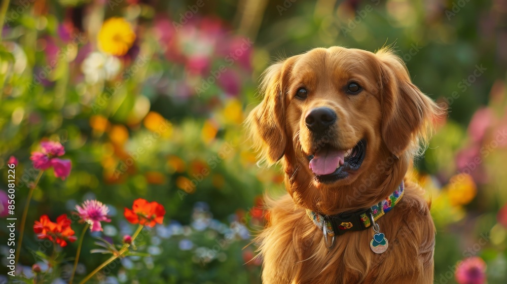 A charming dog with a colorful collar, posing in front of a beautiful flower garden. A charming dog with a colorful collar, posing in front of a beautiful flower garden.