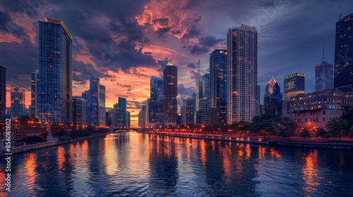 A cityscape featuring high-rise buildings along a river at twilight, with lights starting to twinkle. © Plaifah