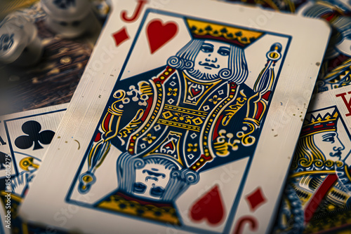 Detailed Illustration of Jack of Hearts Playing Card Showcasing a Youthful Noble with Heart Symbol in Traditional Attire