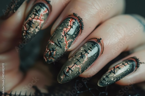 Stitched Nail Art: A Spooky and Stylish Design