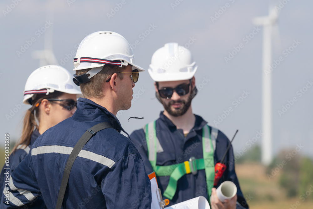 Engineers man and woman inspecting construction of WIND TURBINE FARM. WIND TURBINE with an energy storage system operated by Super Energy Corporation. Workers Meeting to check AROUND THE AREA. Engineers man and woman inspecting construction of WIND TURBINE FARM. WIND TURBINE with an energy storage system operated by Super Energy Corporation. Workers Meeting to check AROUND THE AREA.